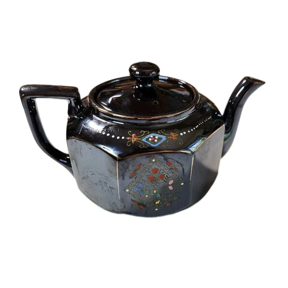 Vintage Japanese Teapot Brown Glazed Gold Trim Hand Painted 8 Sided Ceramic